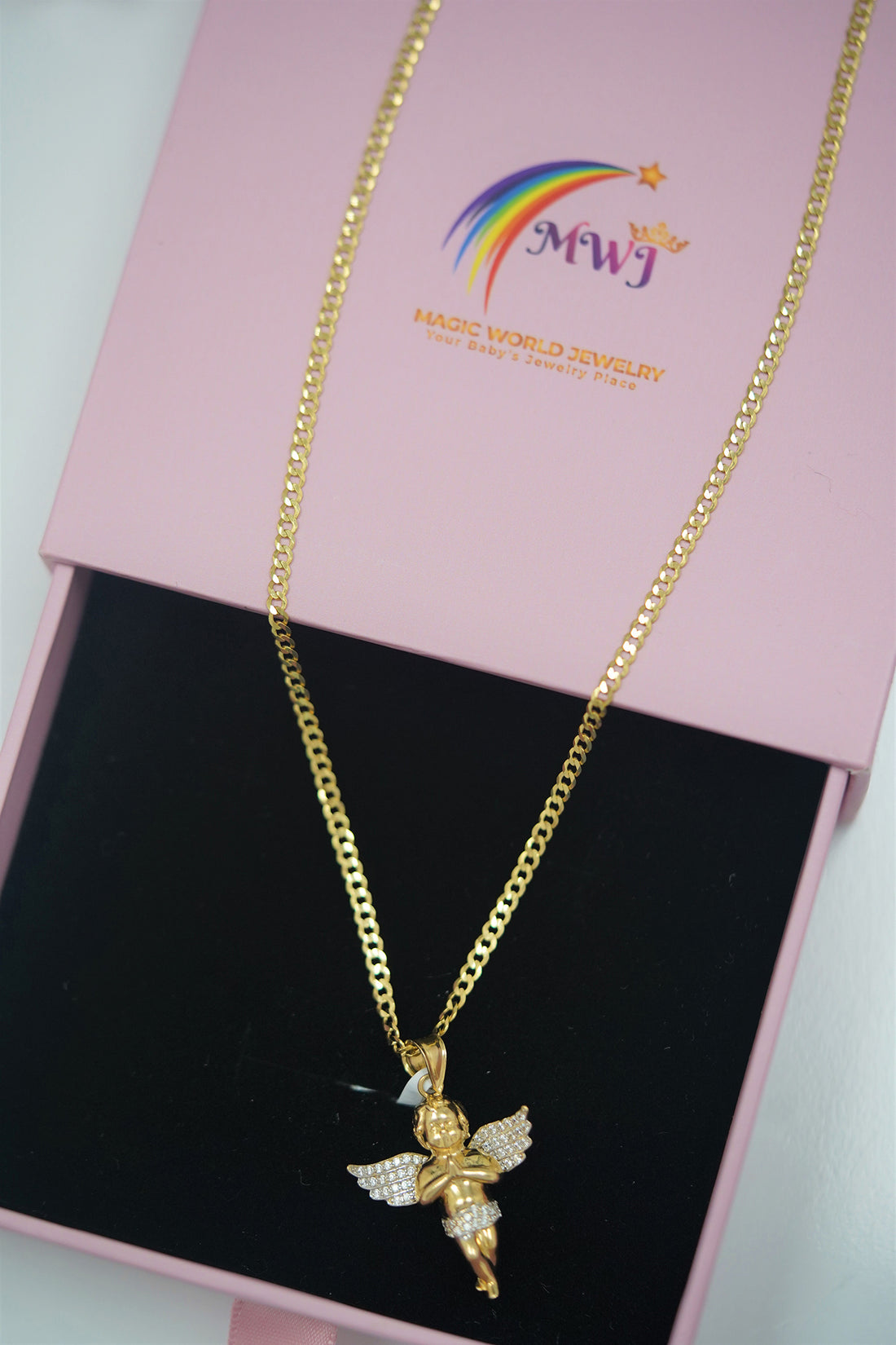 Beautiful 14 K Gold 3D Angel With 14K Gold Italian Curb Cuban