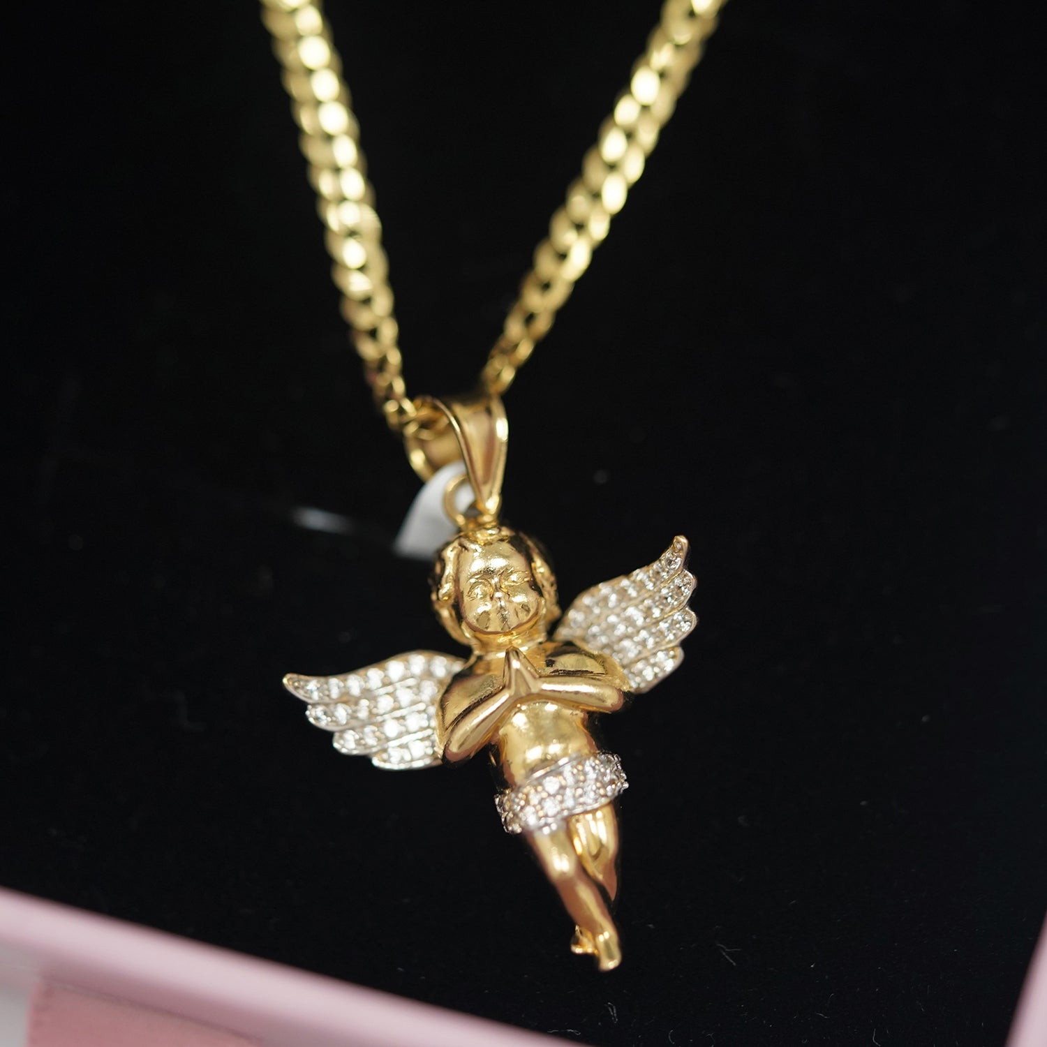 Beautiful 14 K Gold 3D Angel With 14K Gold Italian Curb Cuban