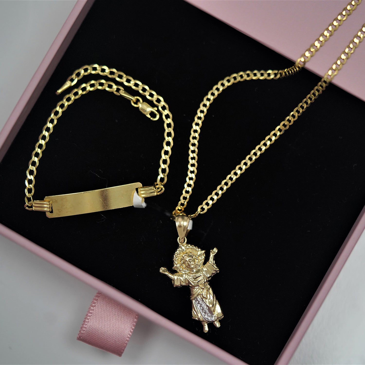 14K Gold Divine Chind With 14K Gold Italian Curb Cuban and 14K Gold Italian Curb Cuban Name Bracelet Set