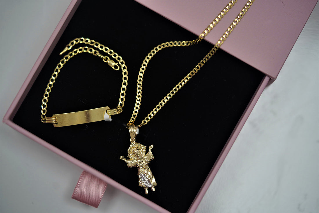 14K Gold Divine Chind With 14K Gold Italian Curb Cuban and 14K Gold Italian Curb Cuban Name Bracelet Set